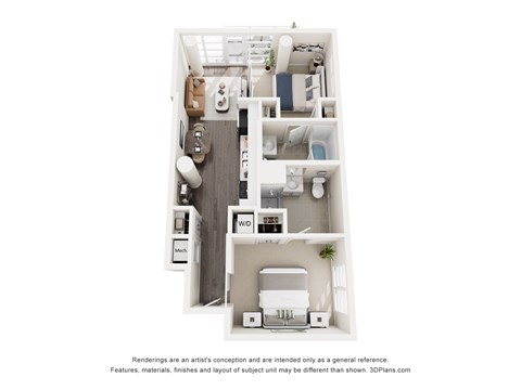 A 3D floor plan of a small apartment with a kitchen, living room, and bathroom.